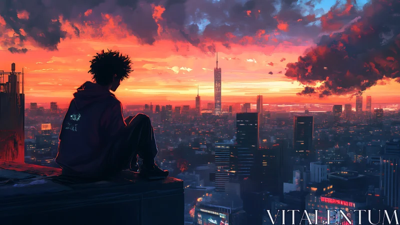 Solitary rooftop figure watching neon city sunset skyline.