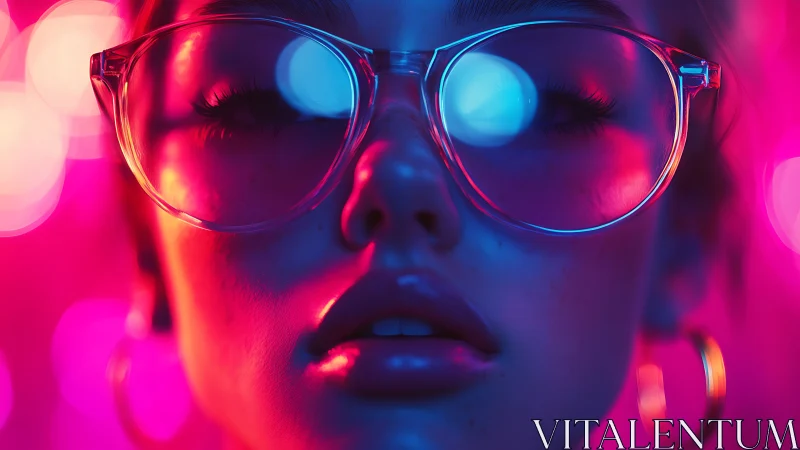 Close-up face with neon glasses in intense colored lighting