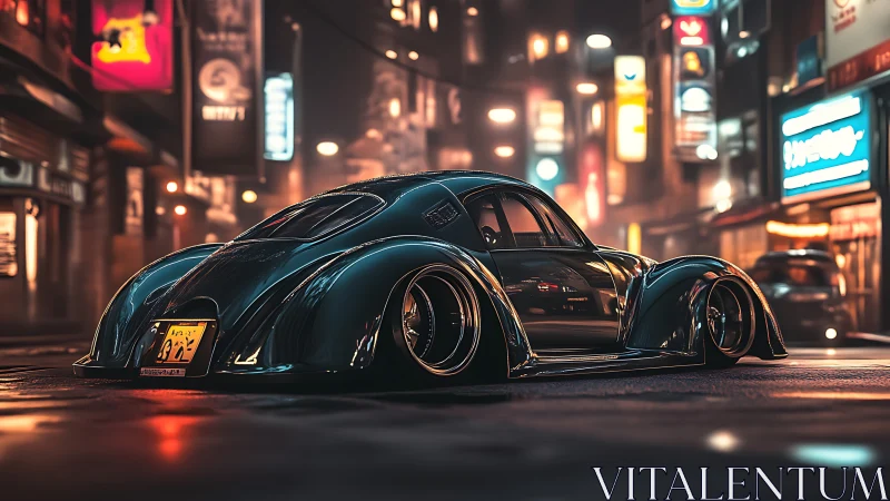 Streamlined custom coupe in illuminated urban nightscape.