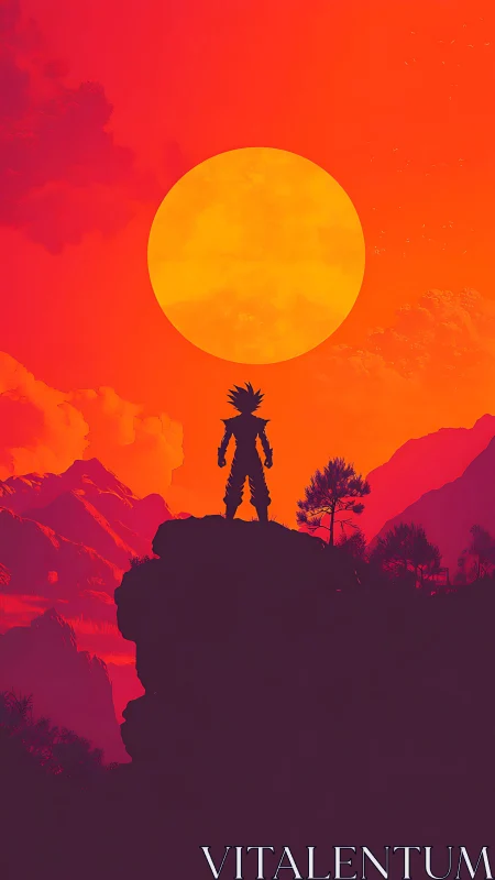 Silhouetted warrior on cliff before blazing sunscape.