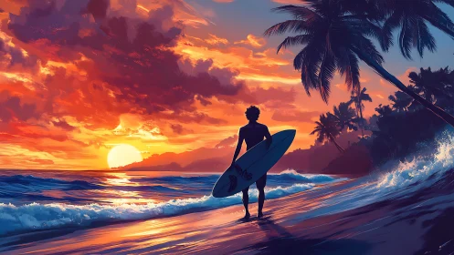 Surfer silhouette on luminant tropical shoreline at sunset.