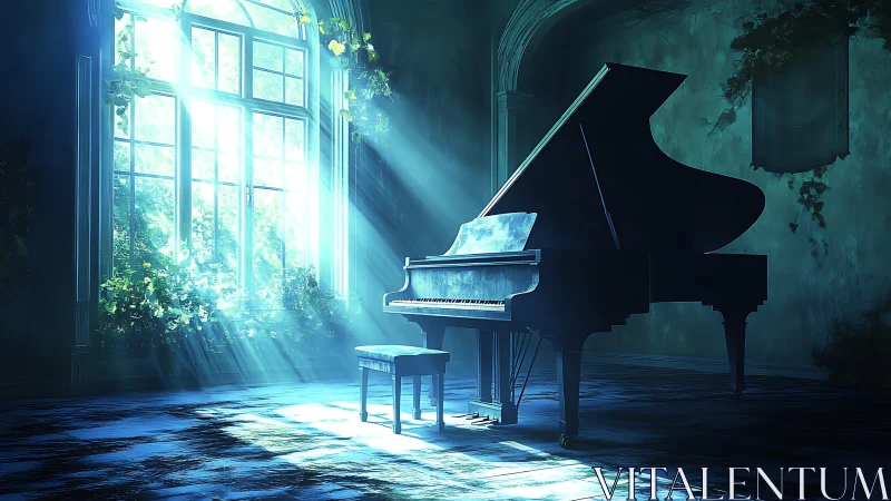 Grand piano in volumetric god-rays inside overgrown hall