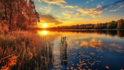 Autumnal lakeshore at low solar angle with mirrored cloudfields.