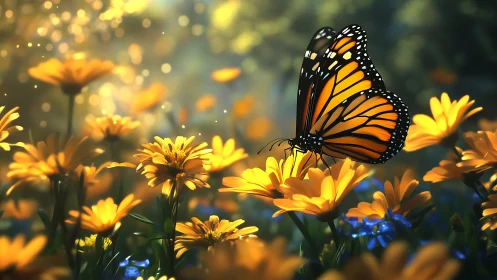 Monarch butterfly resting on yellow wildflowers in sunlight.