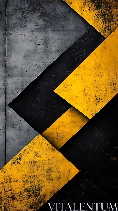 Bold yellow panels cross a rugged concrete and black field