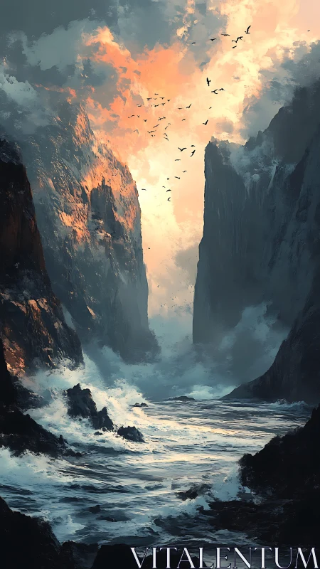 Stormy sea canyon under dramatic fiery sky at dusk.