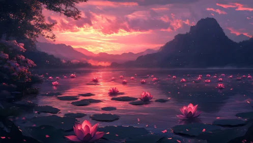 Sunset-illuminated lotus lake beneath distant mountain silhouettes