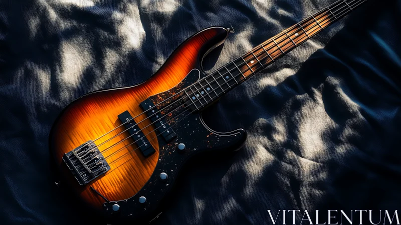 Sunburst electric bass guitar on textured dark fabric.