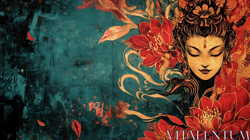 Ornate goddess portrait merges with abstract florals in teal