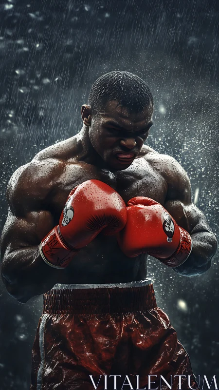 Muscular Boxer in Rain with Red Gloves.