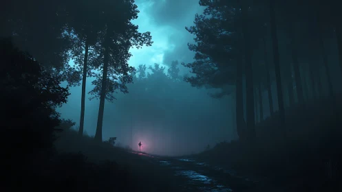 Nocturnal fog forest with lone figure and emissive magenta light.