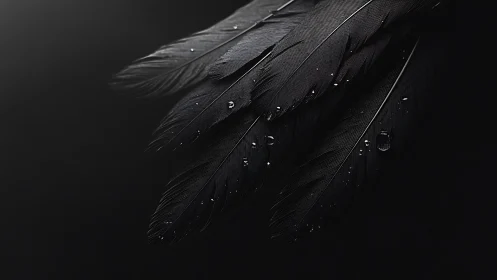 Dark plume macro study with dewdrops on black background.