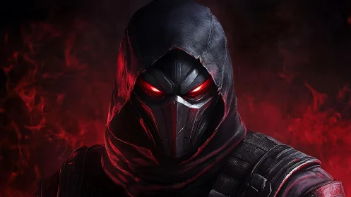 Hooded armored figure with red eyes stands before red flames