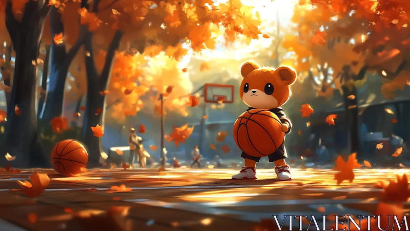 Anthropomorphic bear figure on autumn outdoor court scene.