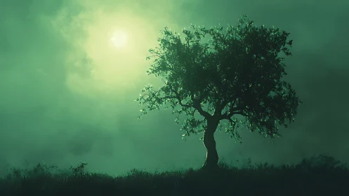 Solitary tree silhouette before diffuse green backlit sky.