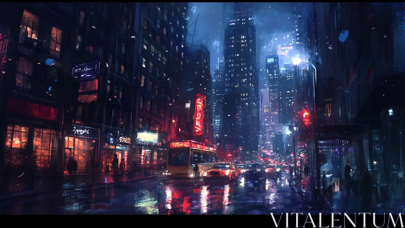 Rain-soaked neon city street glows under dense night traffic