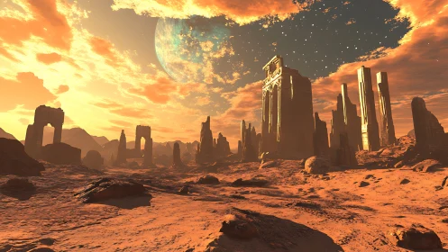 Solar-scorched alien ruins under a hovering turquoise world.