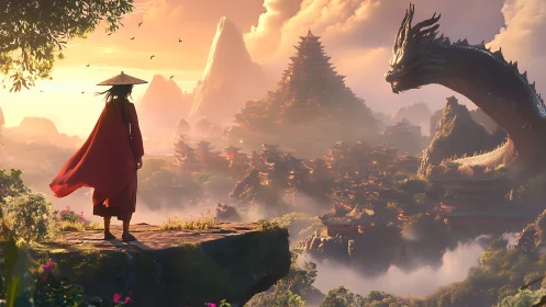 Wanderer confronts colossal dragon above misty valley temple.