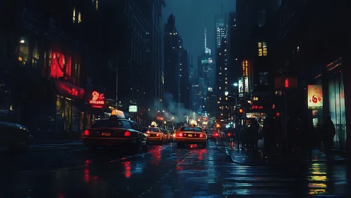 Rain-soaked neon taxis glide through a midnight canyon city