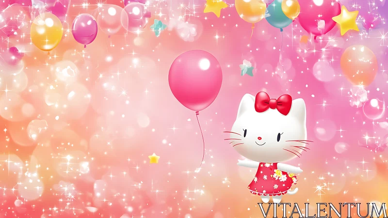 Hello Kitty 3D Character with Pink Balloon in Pastel Gradient Scene