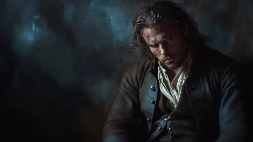 Disheveled man in period clothing seated against dark wall.