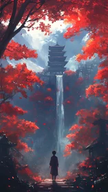 Solitary figure studies distant pagoda framed by crimson forest