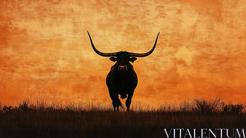 Longhorn silhouette dominates blazing orange dusk sky.