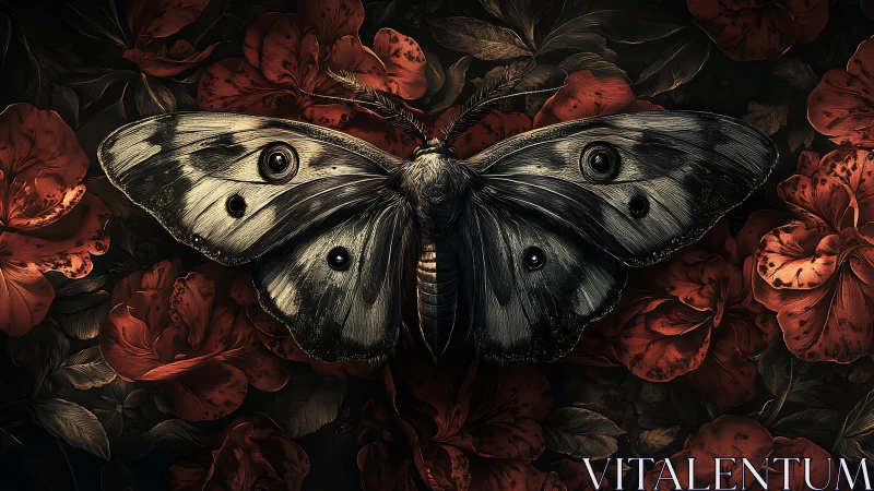 Moth specimen is centered over dense red floral background