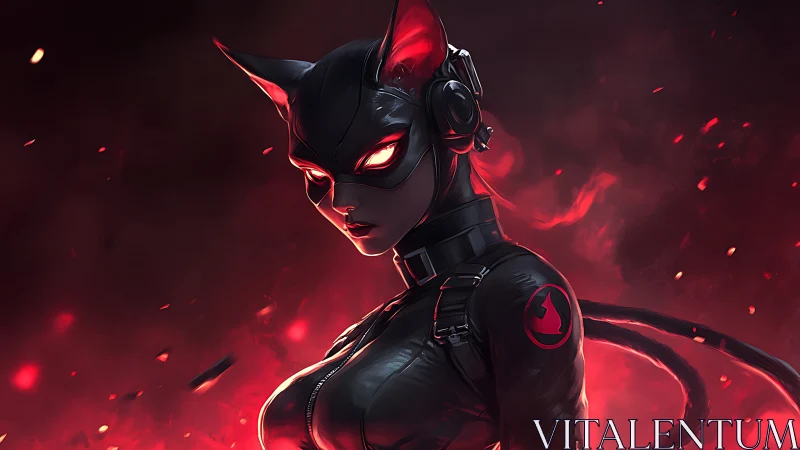 Midnight cyber cat vigilante stalks through molten embers