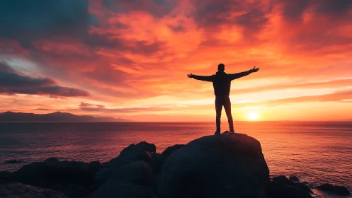 Silhouetted figure embraces fiery coastal sunset sky in awe.