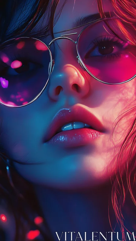 Neon-lit portrait captures reflective glasses and glossy lips
