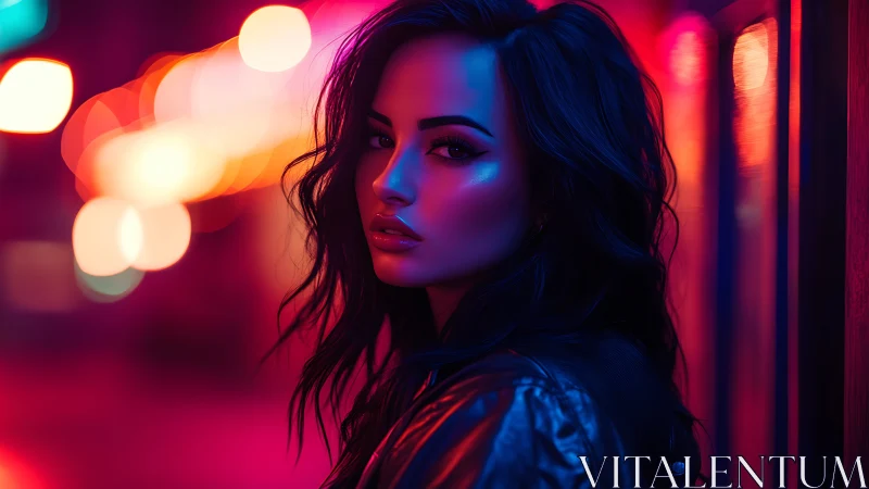 Neon lit night portrait captures moody urban allure