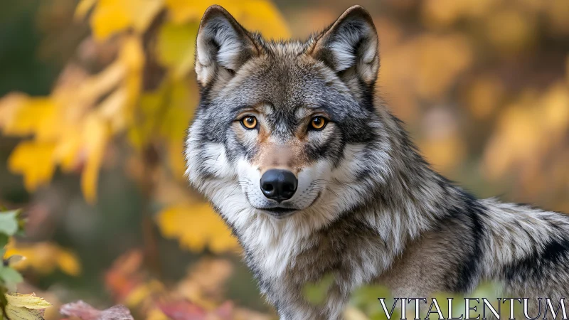 Autumn-eyed wolf pauses mid-step in a forest of liquid gold