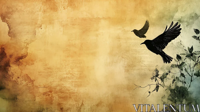 Ink-black birds drift across sunworn parchment skies.