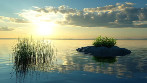 Calm lake sunset with reeds and small rocky islet.