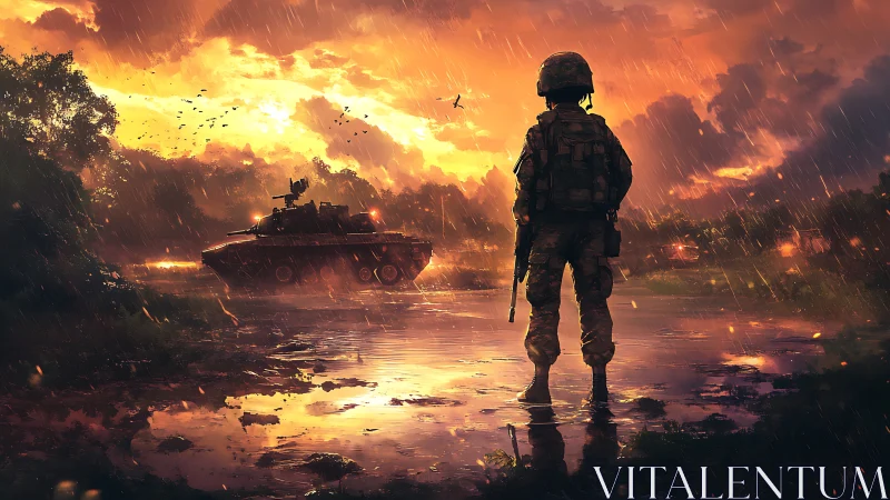 Soldier stands in rain facing armored vehicle at sunset
