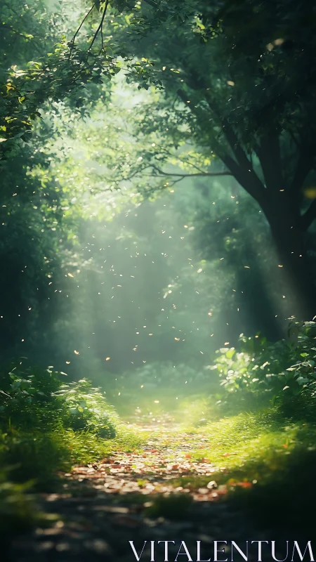 Luminescent forest pathway with atmospheric volumetric light diffusion