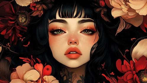 Digital portrait of dark haired woman framed by crimson florals