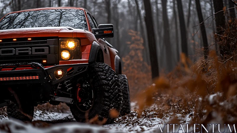 Orange off-road truck with lights in snowy forest trail.
