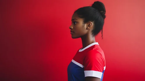 Confident young woman in sports jersey, minimal studio portrait.