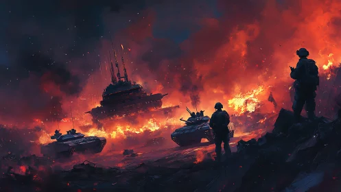 Armored columns advance through a blazing battlefield inferno
