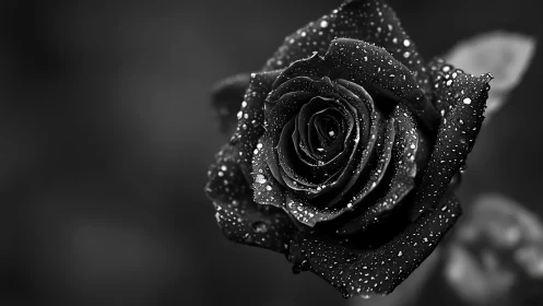 Close-up black rose covered in water droplets in grayscale.