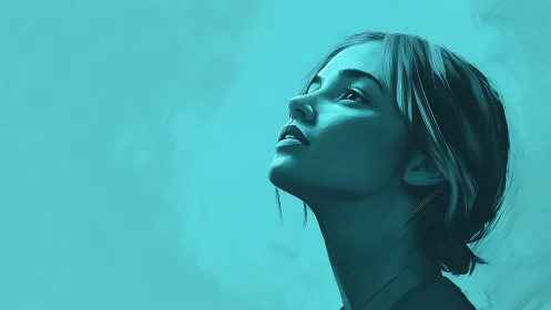 Monochrome cyan digital portrait isolates a pensive female profile