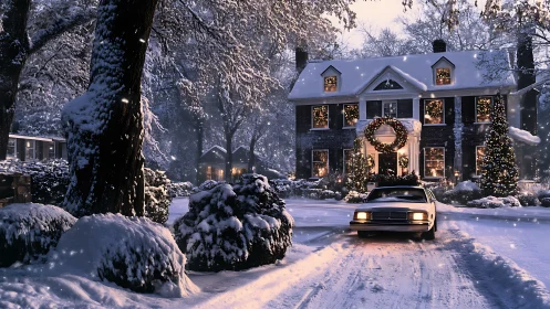 Snow-covered suburban house with car and winter lighting.