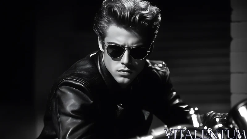 High-contrast monochrome biker portrait with directional rim lighting