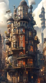 Layered steampunk residential tower with vertical sky docks.