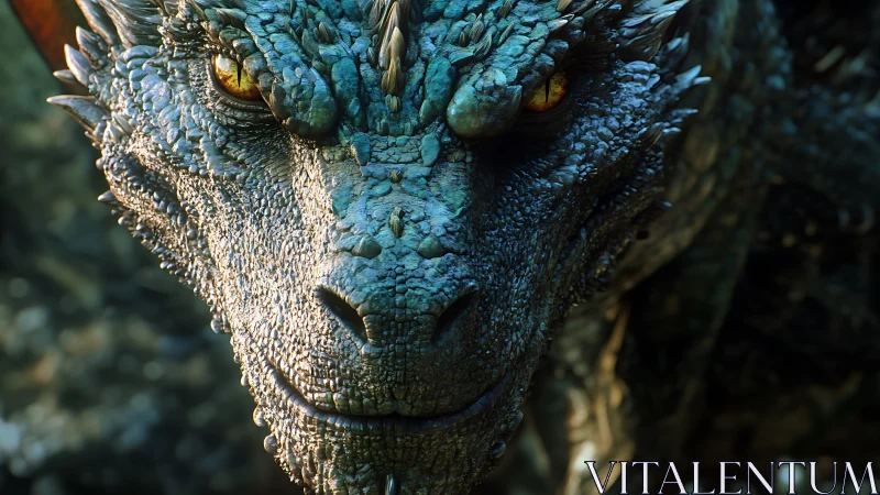 Mighty blue dragon gazes forward with watchful golden eyes