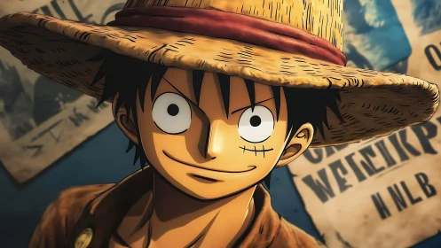 Grinning straw-hat rogue amid swirling wanted whispers.