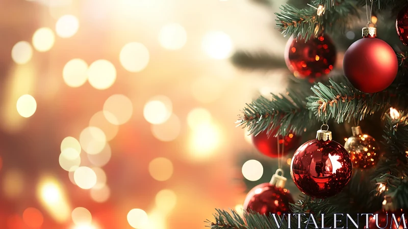 Red Christmas ornaments glow on evergreen tree branches.