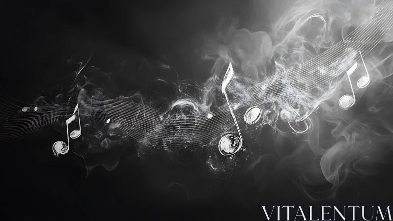 Floating music notes in smoky grayscale abstract scene.